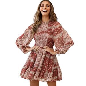 Indikah by Angel Biba LONG BALLOON SLEEVE SHIRRED DRESS PAISLEY PRINT - XS